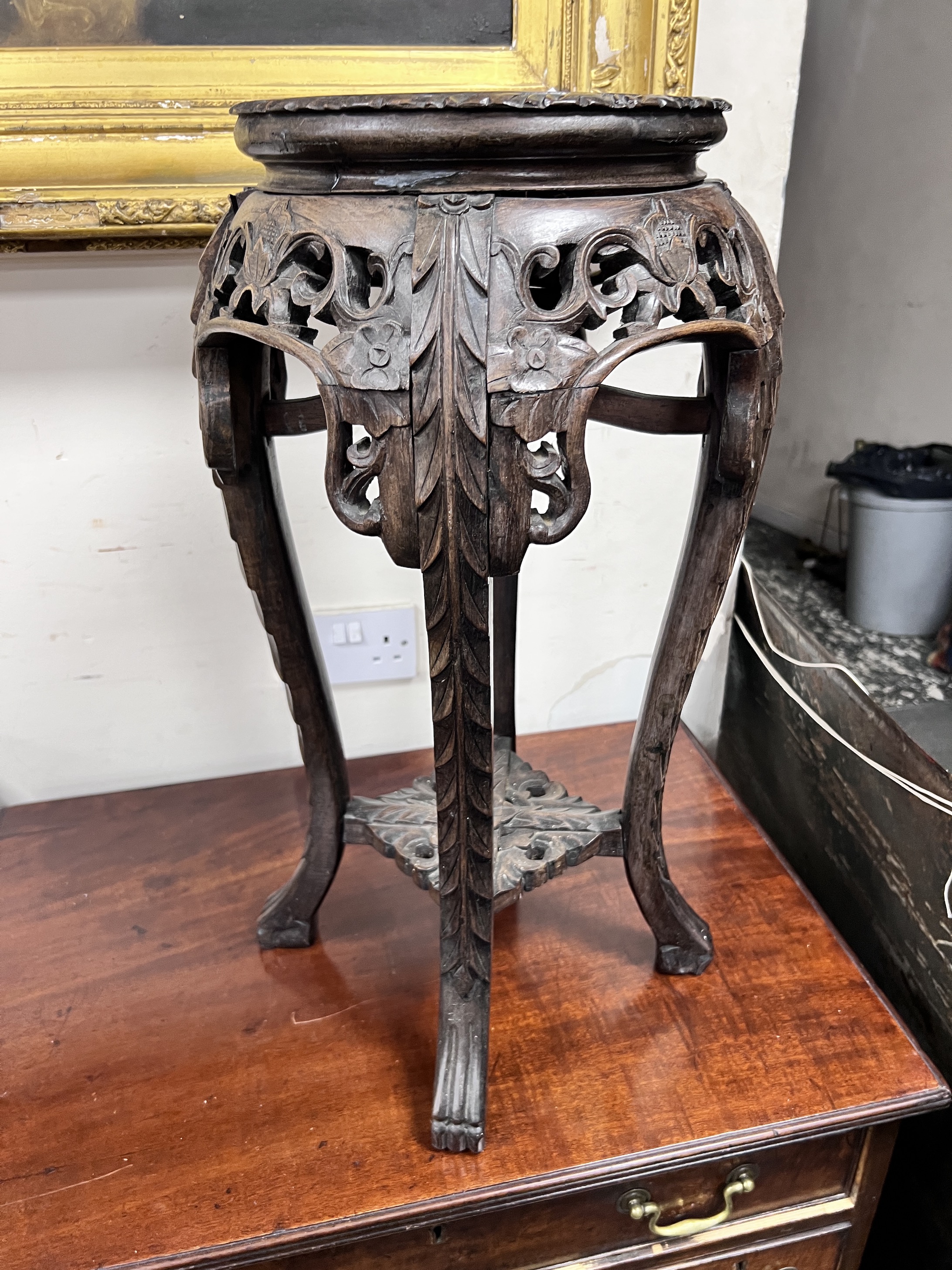 A Chinese marble inset hardwood vase stand, height 61cm